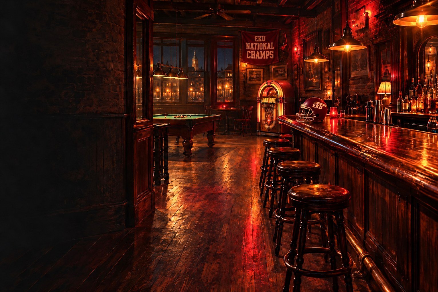 Nostalgic illustration of a warmly lit brick bar with wooden stools, a jukebox, a pool table, and a vintage EKU football helmet at the far end of the counter, and a National Champs banner on the back wall.