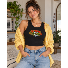 Model wearing the J. Sutter’s Mill tank top in Solid Black Blend