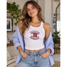Model wearing the Phone 3 Lounge tank top in Solid White Blend