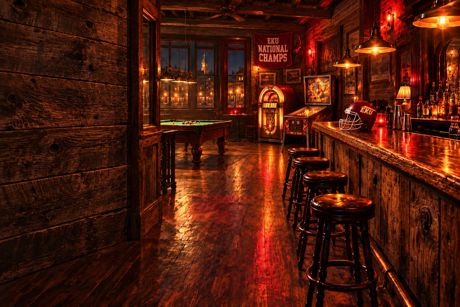 Illustration of an old Richmond bar with rough-cut lumber walls, amber lights, a pinball machine, pool table, jukebox, and an EKU helmet