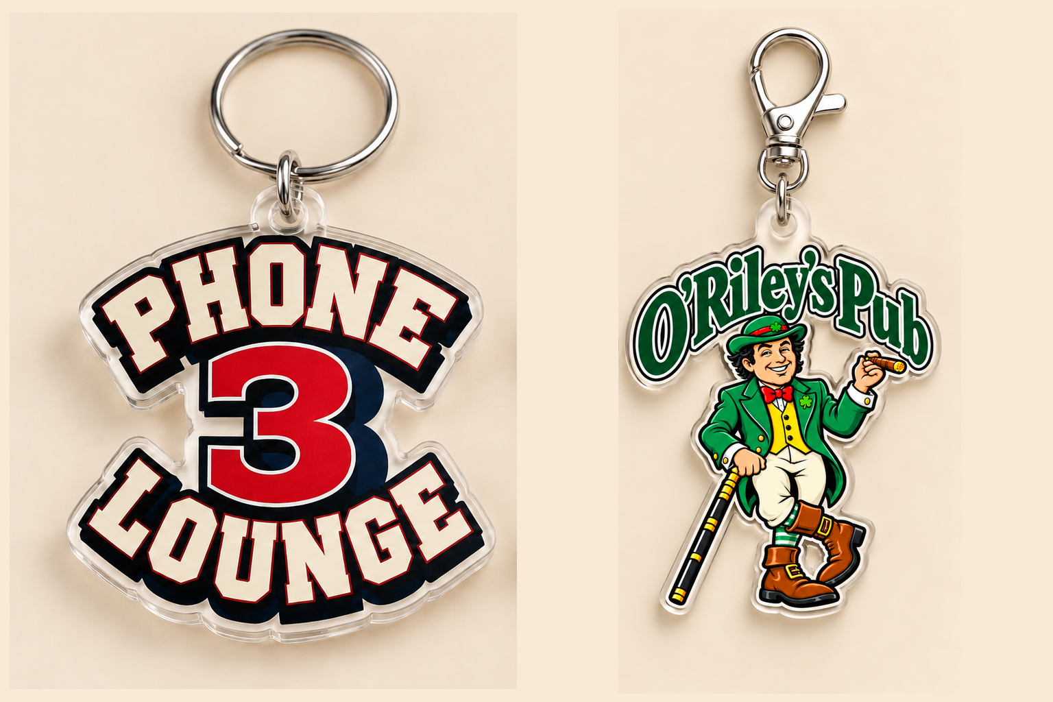 Phone 3 Lounge and O'Reilly's Pub acrylic keychains